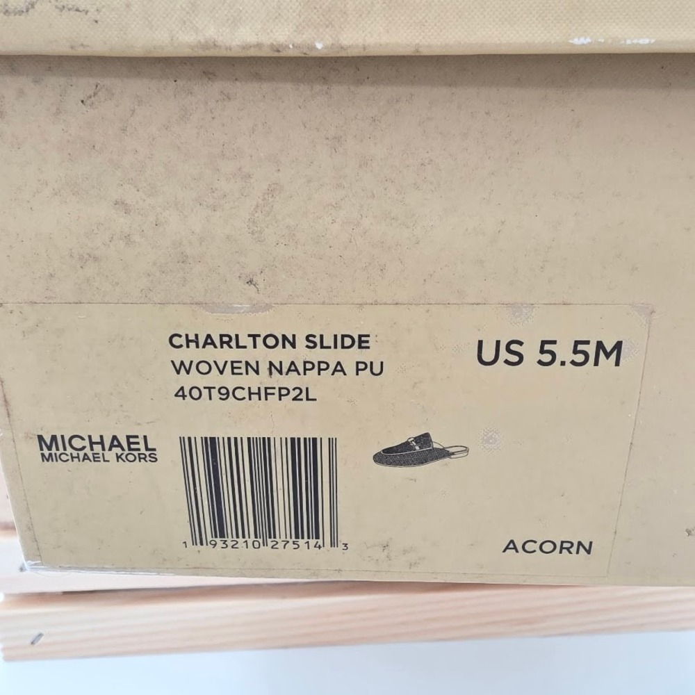 Michael Kors Charlton Slide Women 5.5 Acorn Woven Nappa PU Mules 40T9CHFP2L New - Picture 2 of 6